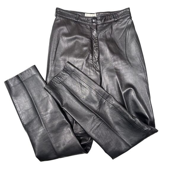 Vakko Vintage Black Leather Trousers Pants High Waisted Tapered Pants Size 4 - Picture 1 of 11